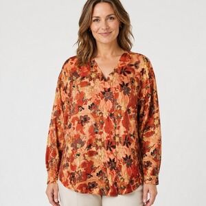 VTG Retro Women 100 Percent Silk Floral Button Down Blouse Size M Rust Boho Fall